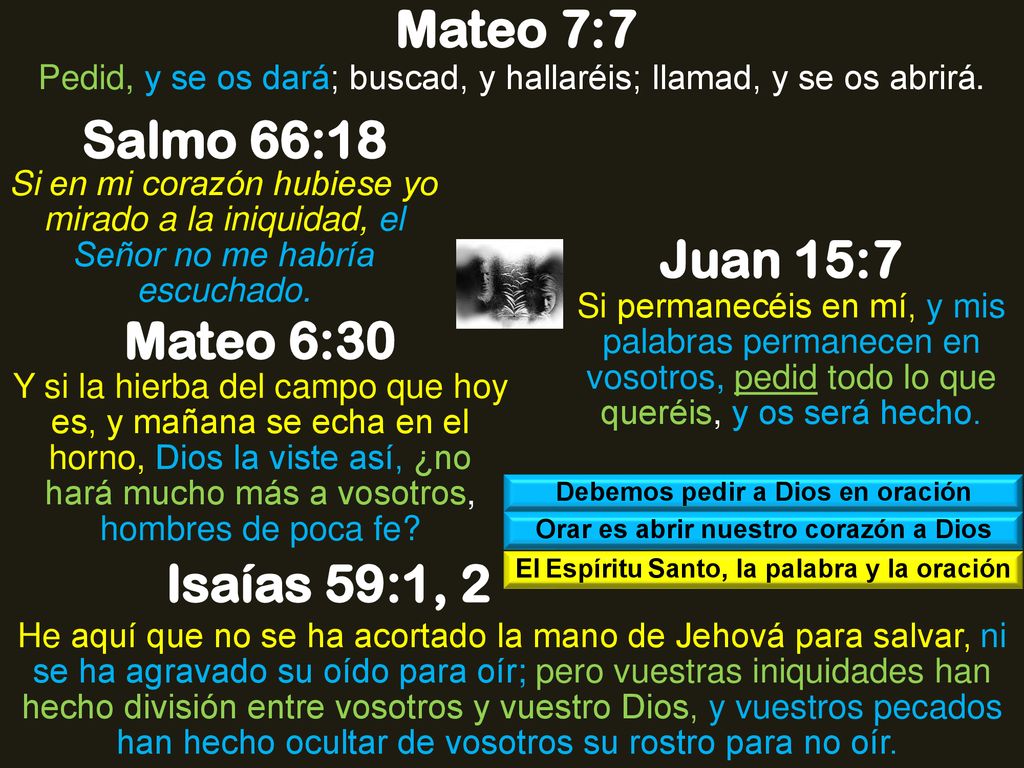 Mateo 7:7 Salmo 66:18 Juan 15:7 Mateo 6:30 Isaías 59:1, 2