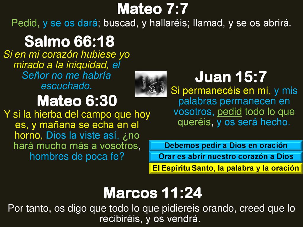 Mateo 7:7 Salmo 66:18 Juan 15:7 Mateo 6:30 Marcos 11:24