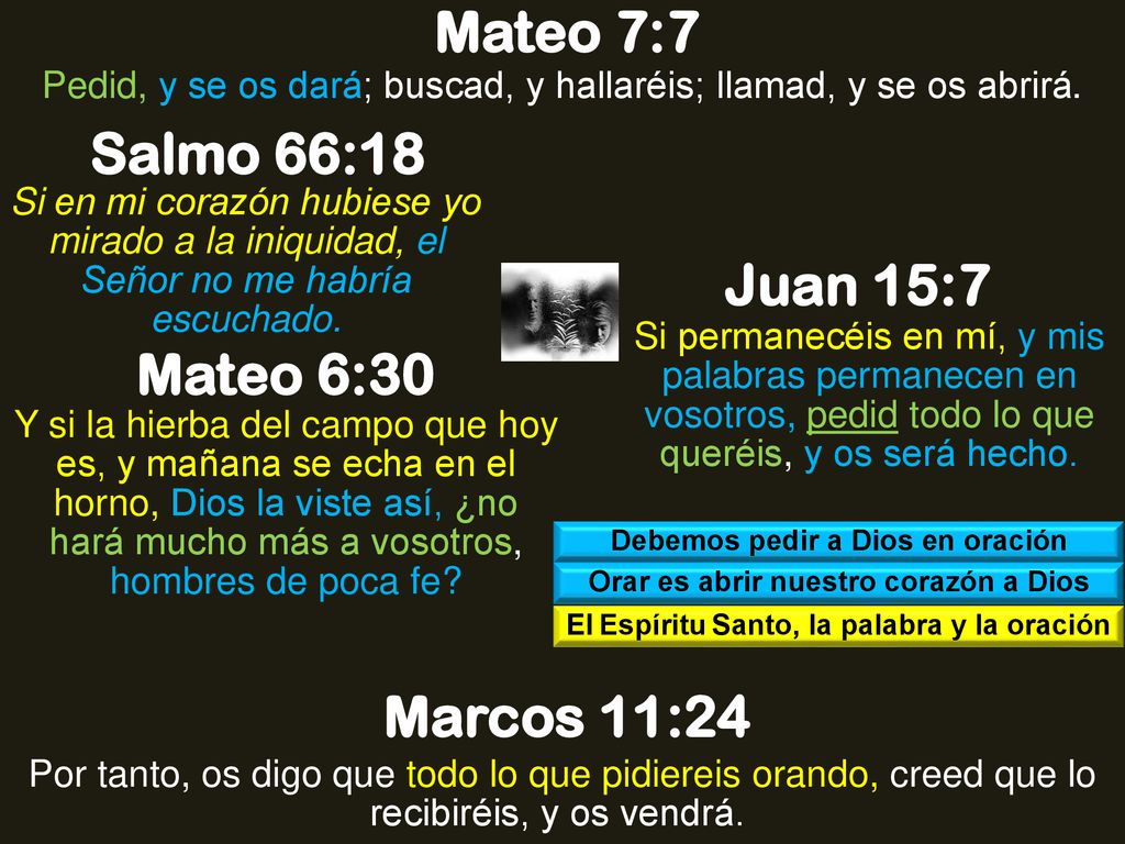 Mateo 7:7 Salmo 66:18 Juan 15:7 Mateo 6:30 Marcos 11:24