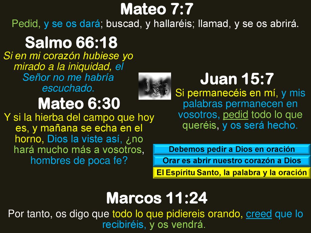 Mateo 7:7 Salmo 66:18 Juan 15:7 Mateo 6:30 Marcos 11:24