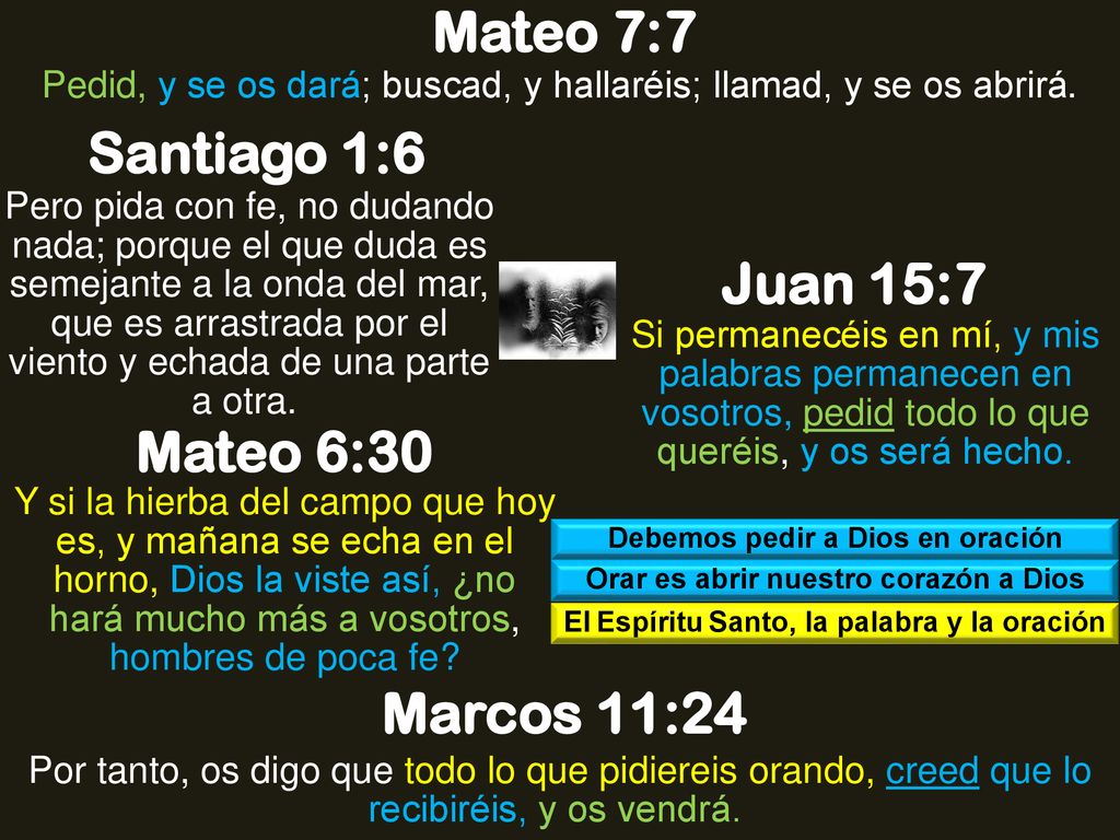 Mateo 7:7 Santiago 1:6 Juan 15:7 Mateo 6:30 Marcos 11:24