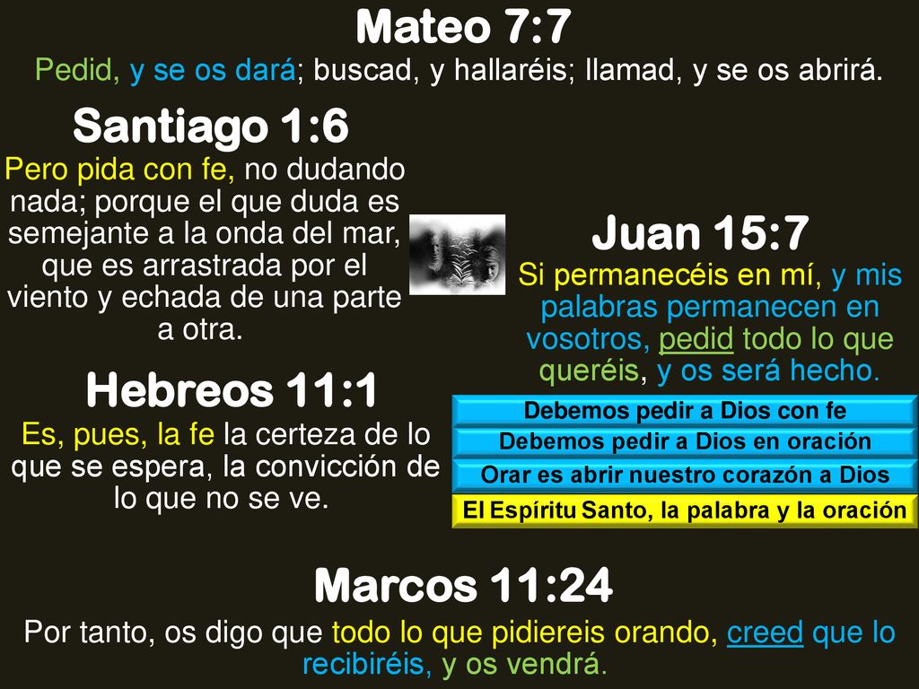 Mateo 7:7 Santiago 1:6 Juan 15:7 Hebreos 11:1 Marcos 11:24