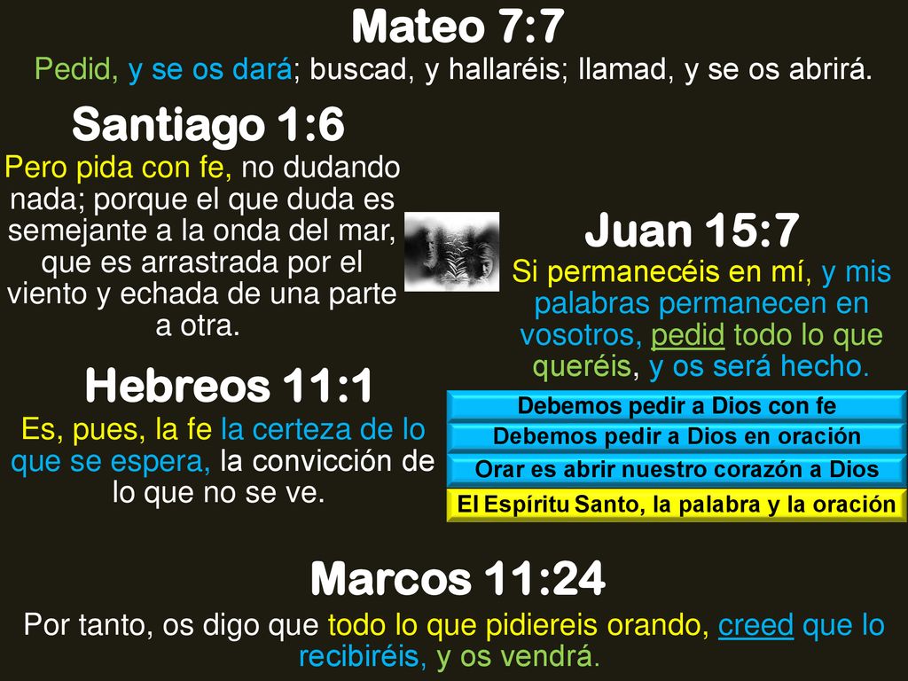 Mateo 7:7 Santiago 1:6 Juan 15:7 Hebreos 11:1 Marcos 11:24