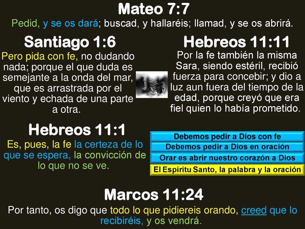 Mateo 7:7 Santiago 1:6 Hebreos 11:11 Hebreos 11:1 Marcos 11:24