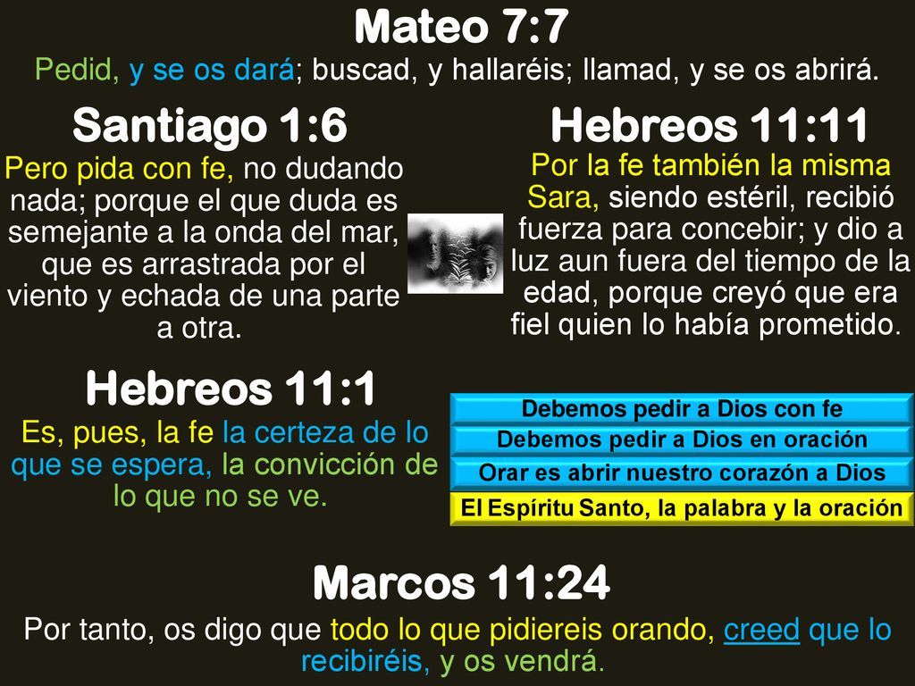 Mateo 7:7 Santiago 1:6 Hebreos 11:11 Hebreos 11:1 Marcos 11:24