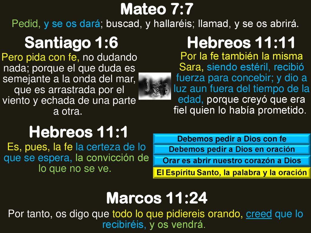 Mateo 7:7 Santiago 1:6 Hebreos 11:11 Hebreos 11:1 Marcos 11:24