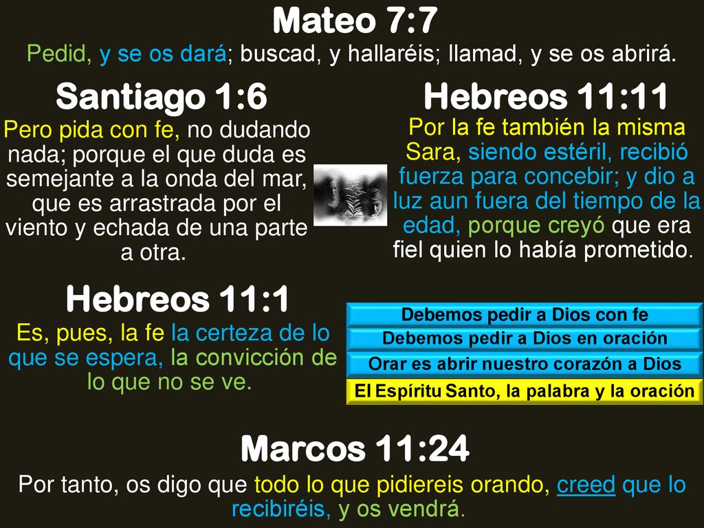 Mateo 7:7 Santiago 1:6 Hebreos 11:11 Hebreos 11:1 Marcos 11:24