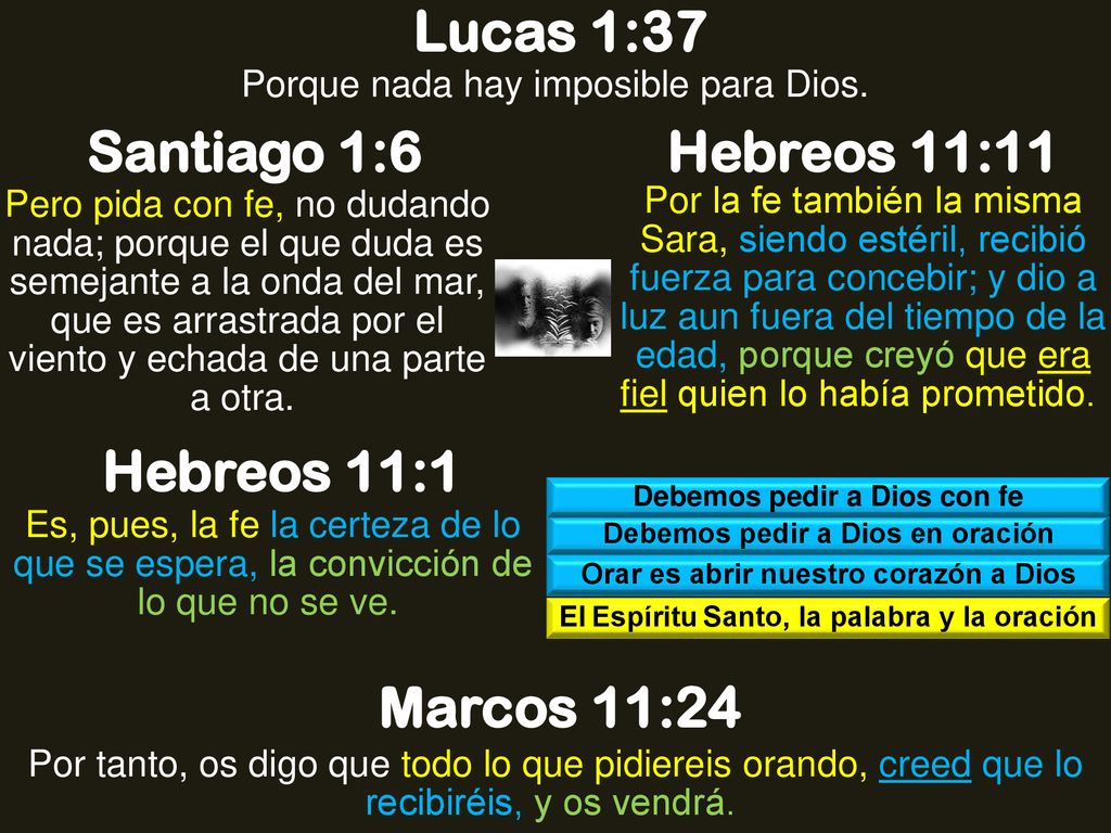 Lucas 1:37 Santiago 1:6 Hebreos 11:11 Hebreos 11:1 Marcos 11:24
