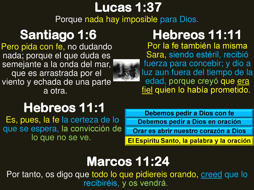 Lucas 1:37 Santiago 1:6 Hebreos 11:11 Hebreos 11:1 Marcos 11:24