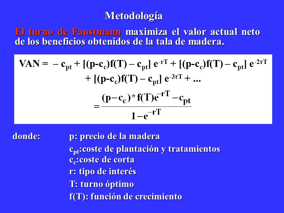 Metodología El turno de Faustmann maximiza el valor actual neto de los beneficios obtenidos de la tala de madera.