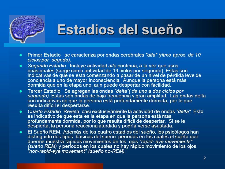 Estadios del sueño Primer Estadio se caracteriza por ondas cerebrales alfa (ritmo aprox. de 10 ciclos por segndo).
