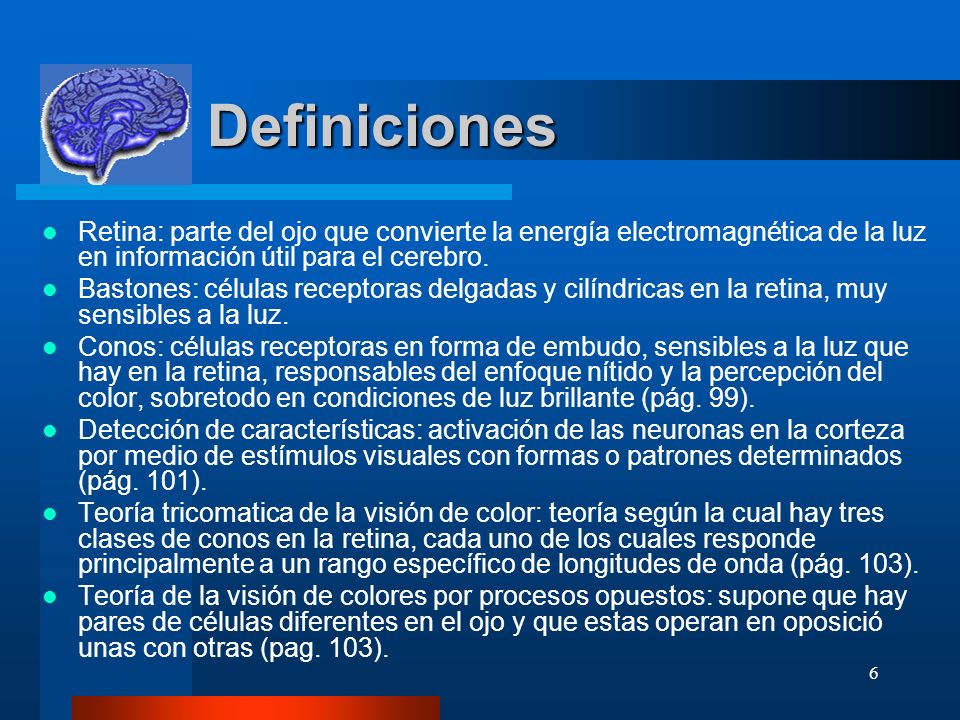 Definiciones Retina: parte del ojo que convierte la energía electromagnética de la luz en información útil para el cerebro.