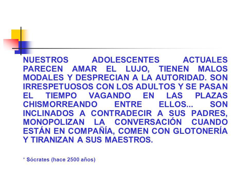 NUESTROS ADOLESCENTES ACTUALES PARECEN AMAR EL LUJO, TIENEN MALOS MODALES Y DESPRECIAN A LA AUTORIDAD. SON IRRESPETUOSOS CON LOS ADULTOS Y SE PASAN EL TIEMPO VAGANDO EN LAS PLAZAS CHISMORREANDO ENTRE ELLOS... SON INCLINADOS A CONTRADECIR A SUS PADRES, MONOPOLIZAN LA CONVERSACIÓN CUANDO ESTÁN EN COMPAÑÍA, COMEN CON GLOTONERÍA Y TIRANIZAN A SUS MAESTROS.