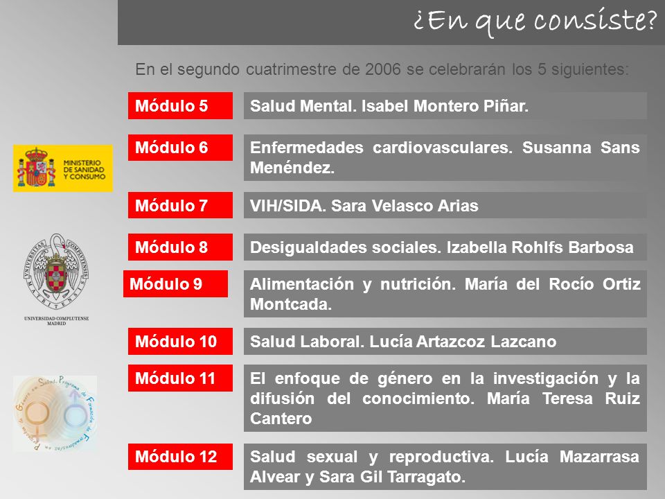 ¿En que consiste En el segundo cuatrimestre de 2006 se celebrarán los 5 siguientes: Módulo 5. Salud Mental. Isabel Montero Piñar.