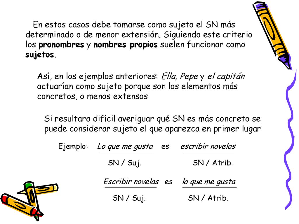 En estos casos debe tomarse como sujeto el SN más determinado o de menor extensión. Siguiendo este criterio los pronombres y nombres propios suelen funcionar como sujetos.