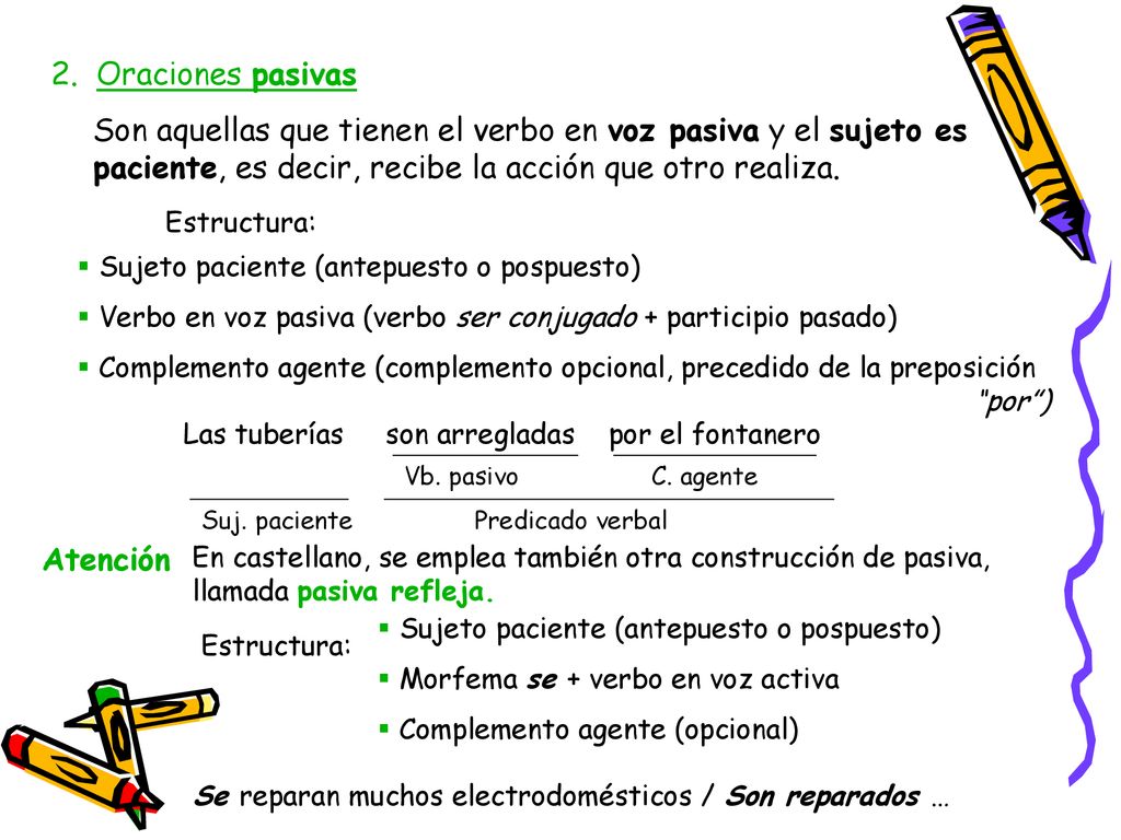 2. Oraciones pasivas Son aquellas que tienen el verbo en voz pasiva y el sujeto es paciente, es decir, recibe la acción que otro realiza.