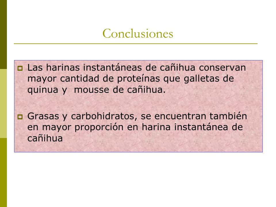 Conclusiones Las harinas instantáneas de cañihua conservan mayor cantidad de proteínas que galletas de quinua y mousse de cañihua.