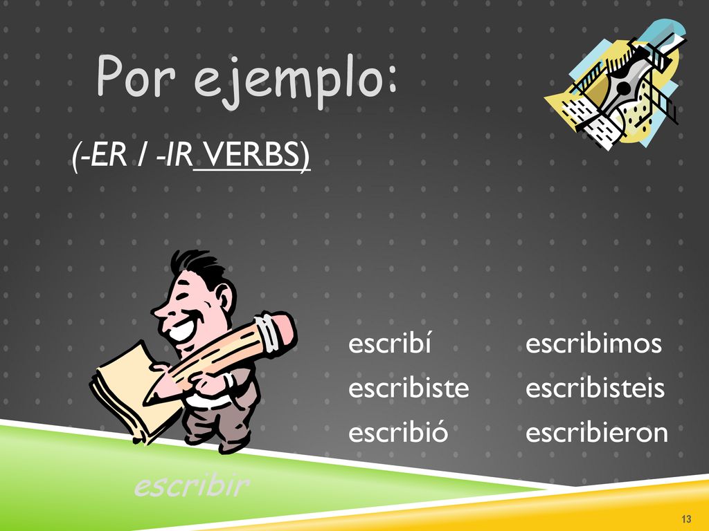 Por ejemplo: (-er / -ir verbs) escribir escribí escribiste escribió