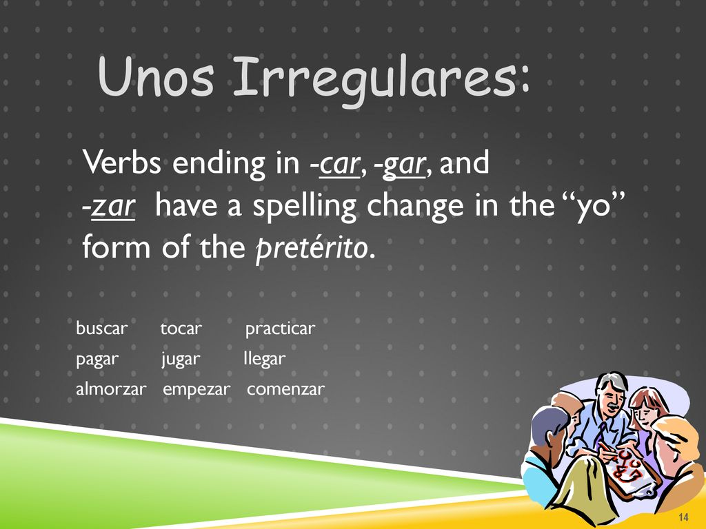 Unos Irregulares: Verbs ending in -car, -gar, and -zar have a spelling change in the yo form of the pretérito.