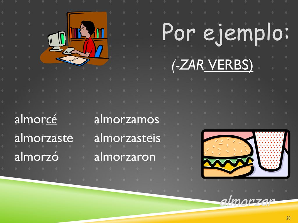 Por ejemplo: (-zar verbs) almorcé almorzaste almorzó