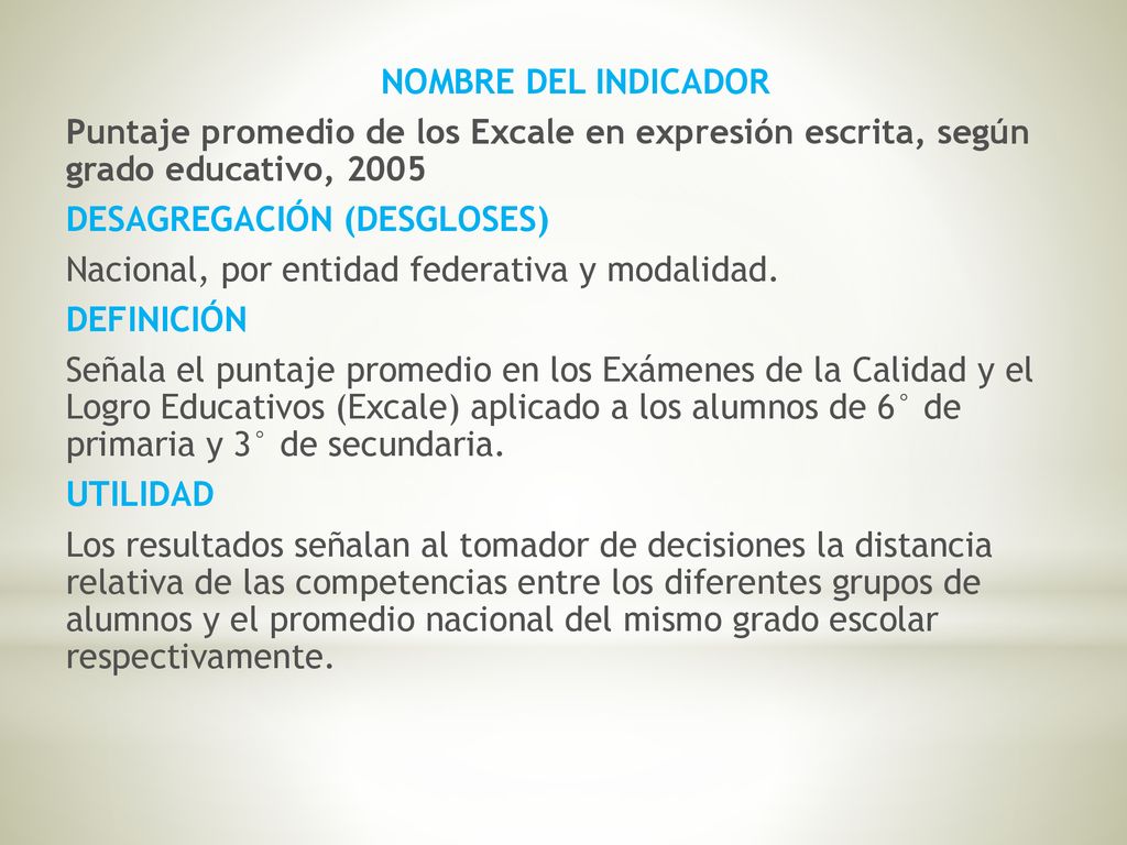 NOMBRE DEL INDICADOR Puntaje promedio de los Excale en expresión escrita, según grado educativo, 2005 DESAGREGACIÓN (DESGLOSES) Nacional, por entidad federativa y modalidad.