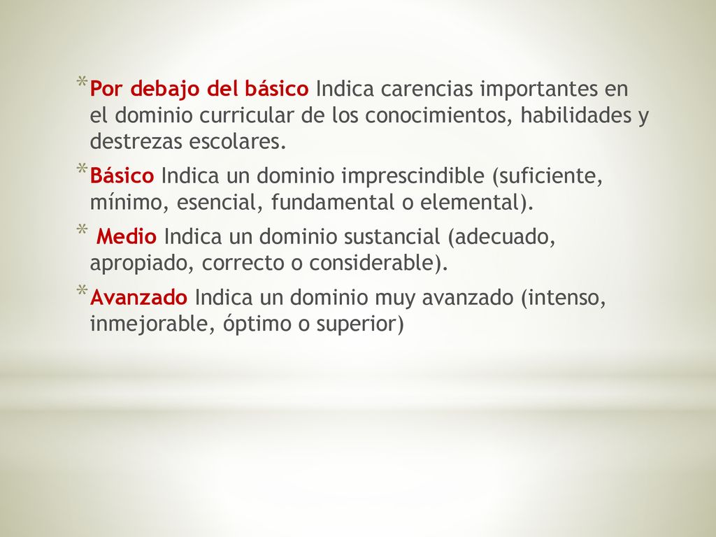 Por debajo del básico Indica carencias importantes en el dominio curricular de los conocimientos, habilidades y destrezas escolares.