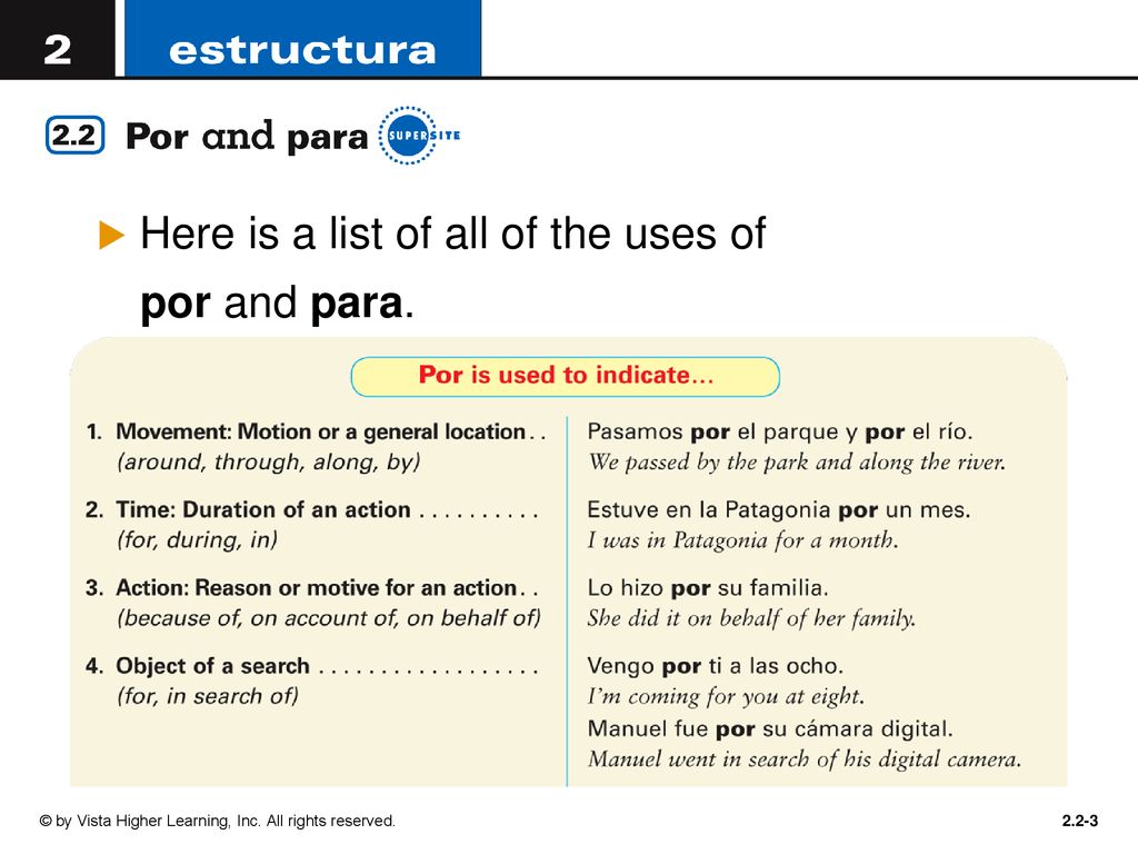 Here is a list of all of the uses of por and para.