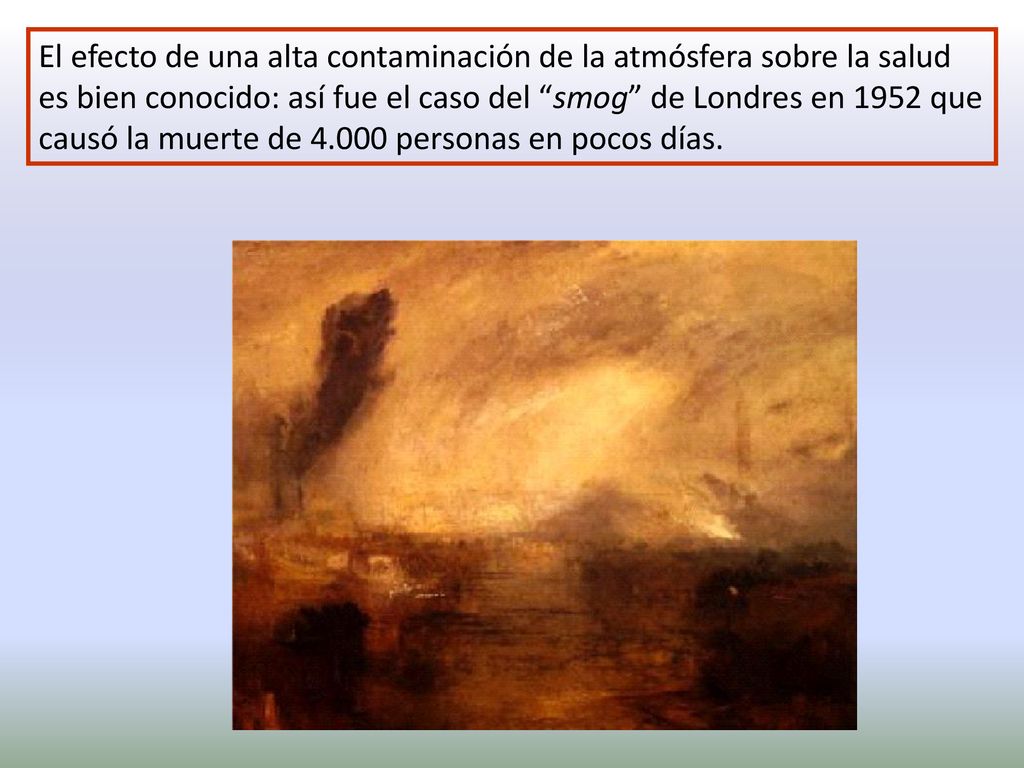 El efecto de una alta contaminación de la atmósfera sobre la salud es bien conocido: así fue el caso del smog de Londres en 1952 que causó la muerte de personas en pocos días.