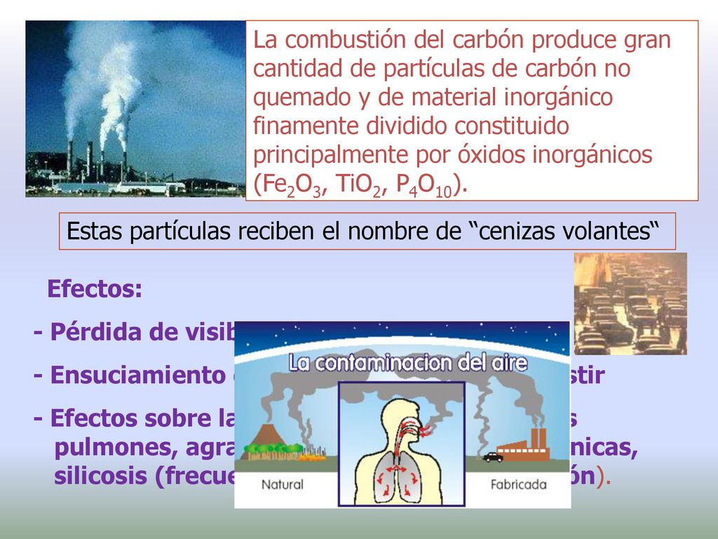 La combustión del carbón produce gran cantidad de partículas de carbón no quemado y de material inorgánico finamente dividido constituido principalmente por óxidos inorgánicos (Fe2O3, TiO2, P4O10).