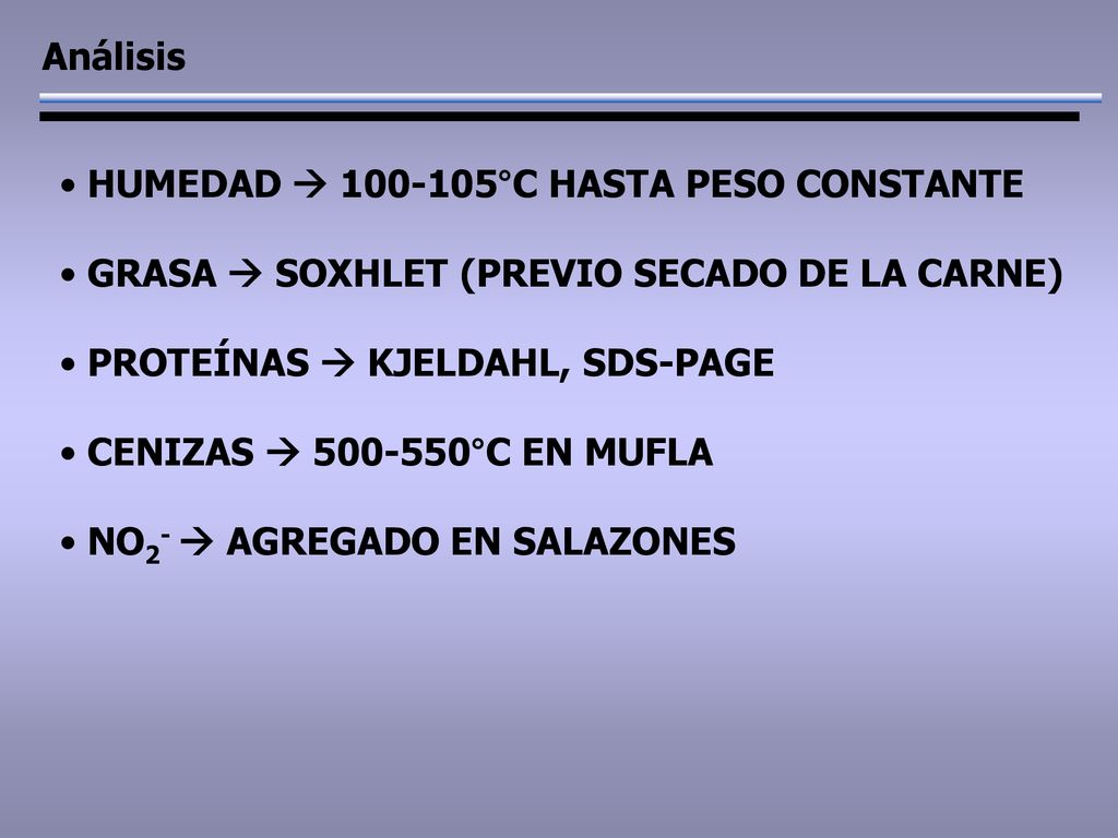 Análisis HUMEDAD  °C HASTA PESO CONSTANTE. GRASA  SOXHLET (PREVIO SECADO DE LA CARNE) PROTEÍNAS  KJELDAHL, SDS-PAGE.