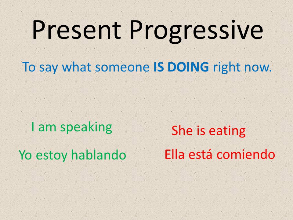 Present Progressive To say what someone IS DOING right now.