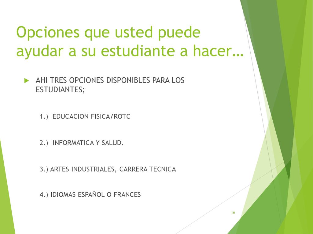 Opciones que usted puede ayudar a su estudiante a hacer…