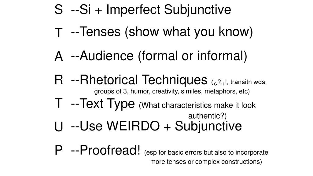 S T. A. R. U. P. --Si + Imperfect Subjunctive. --Tenses (show what you know) --Audience (formal or informal)