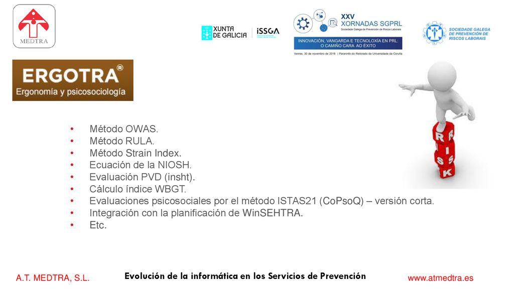 Método OWAS. Método RULA. Método Strain Index. Ecuación de la NIOSH. Evaluación PVD (insht). Cálculo índice WBGT.