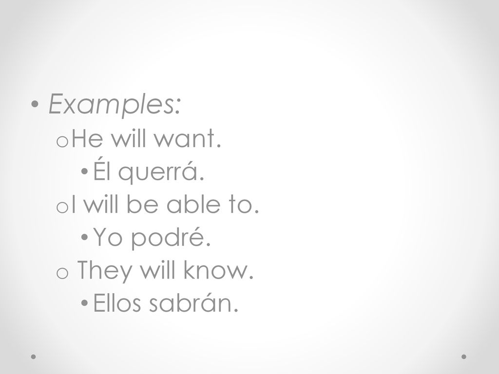 Examples: He will want. Él querrá. I will be able to. Yo podré.