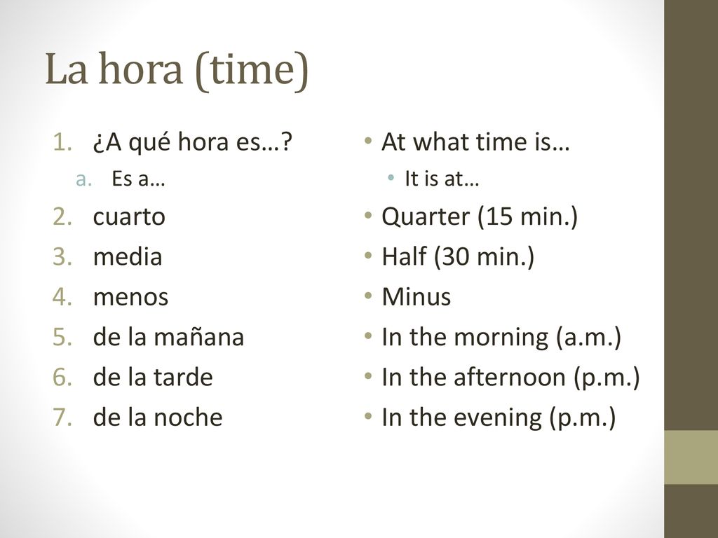 La hora (time) ¿A qué hora es… cuarto media menos de la mañana