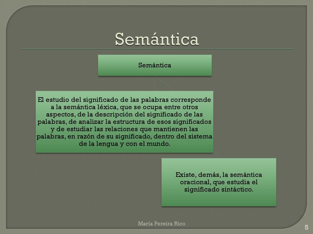 Semántica Semántica. Existe, demás, la semántica oracional, que estudia el significado sintáctico.