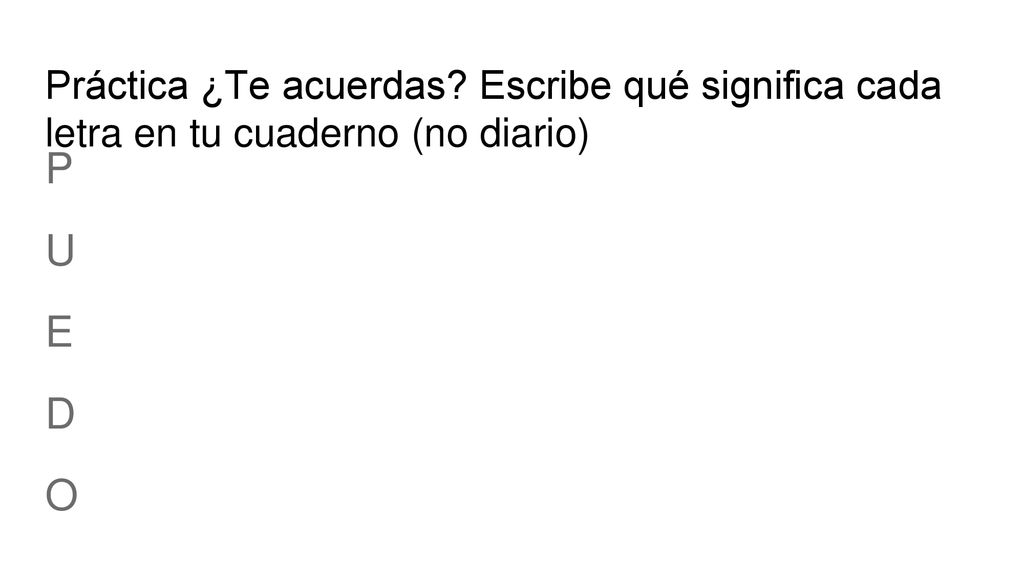 Práctica ¿Te acuerdas Escribe qué significa cada letra en tu cuaderno (no diario)