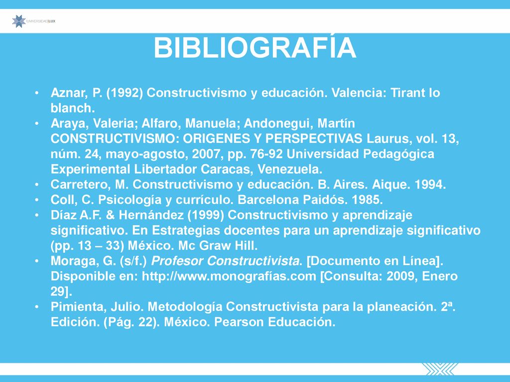 BIBLIOGRAFÍA Aznar, P. (1992) Constructivismo y educación. Valencia: Tirant lo blanch.