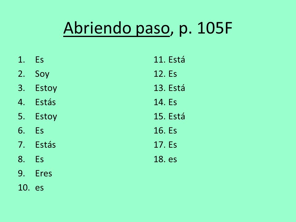 Abriendo paso, p. 105F Es Soy Estoy Estás Eres es Está Es es
