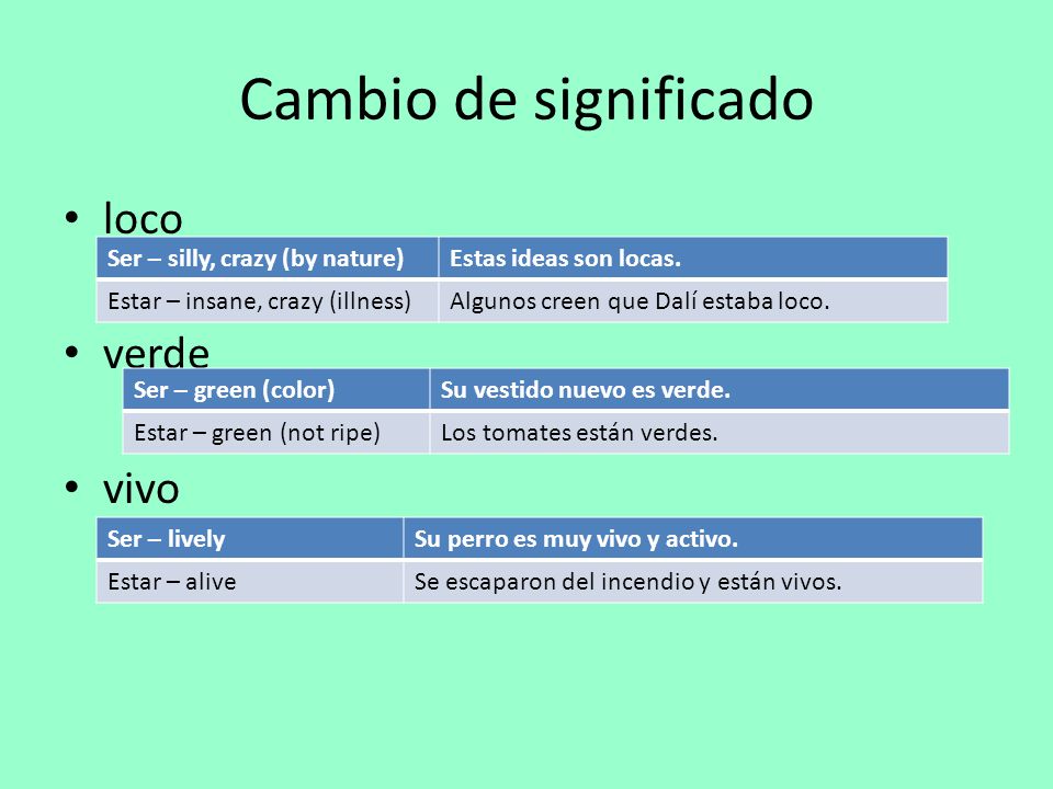 Cambio de significado loco verde vivo Ser – silly, crazy (by nature)