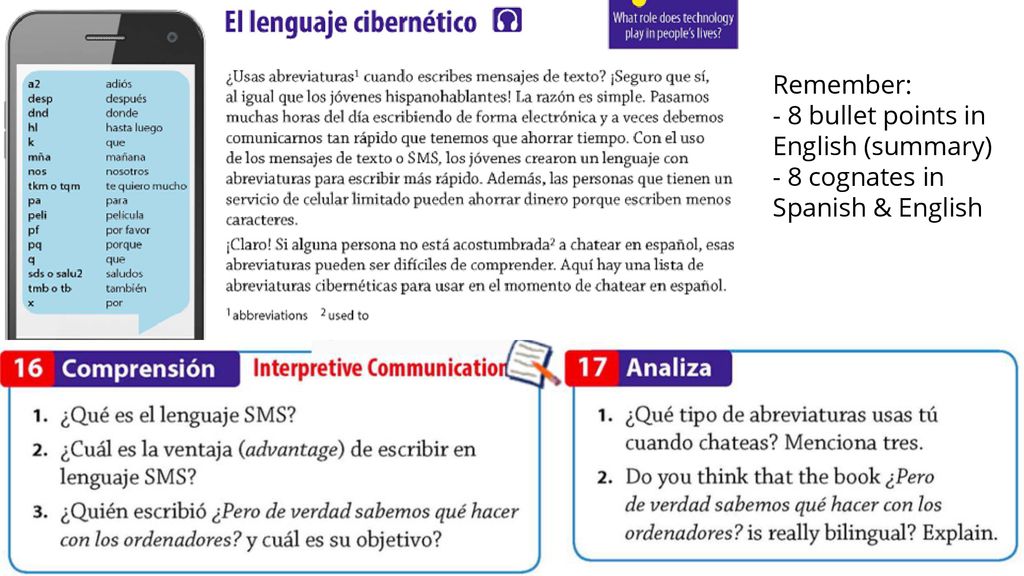 Remember: - 8 bullet points in English (summary) - 8 cognates in Spanish & English