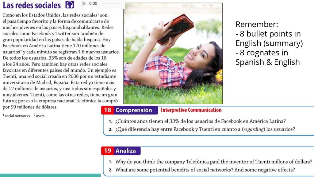 Remember: - 8 bullet points in English (summary) - 8 cognates in Spanish & English