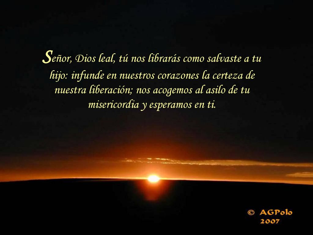 Señor, Dios leal, tú nos librarás como salvaste a tu hijo: infunde en nuestros corazones la certeza de nuestra liberación; nos acogemos al asilo de tu misericordia y esperamos en ti.
