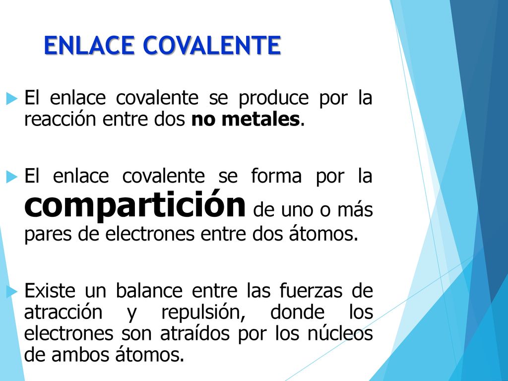 ENLACE COVALENTE El enlace covalente se produce por la reacción entre dos no metales.