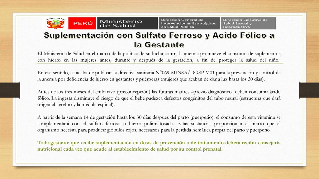 Suplementación con Sulfato Ferroso y Acido Fólico a la Gestante