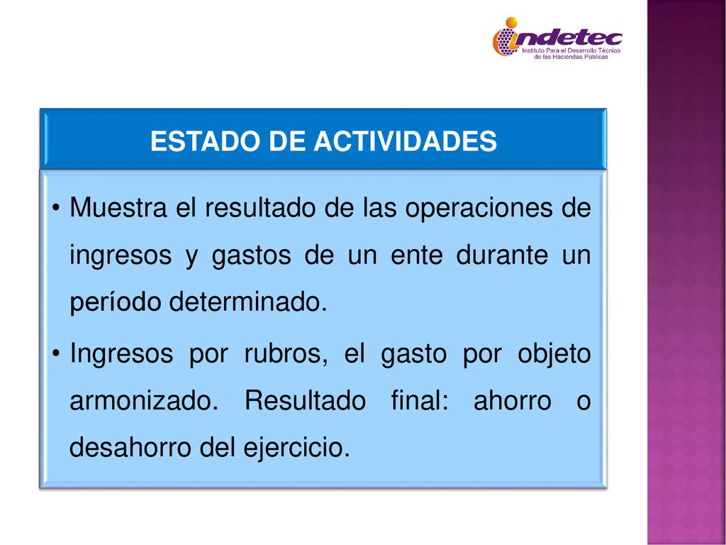 ESTADO DE ACTIVIDADES Muestra el resultado de las operaciones de ingresos y gastos de un ente durante un período determinado.
