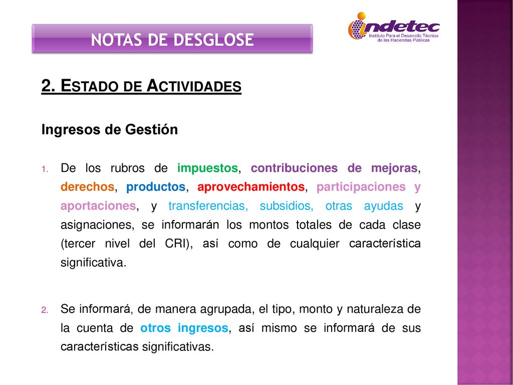 NOTAS DE DESGLOSE 2. Estado de Actividades Ingresos de Gestión