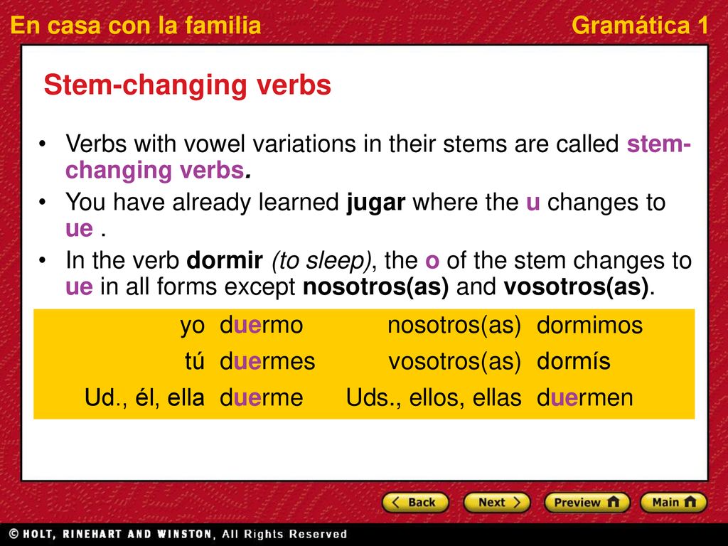 Stem-changing verbs Verbs with vowel variations in their stems are called stem-changing verbs.