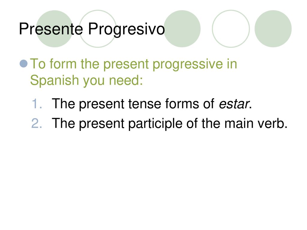 Presente Progresivo To form the present progressive in Spanish you need: The present tense forms of estar.